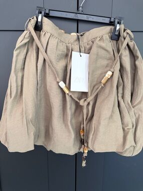 Zara Olive-Taupe Linen Bubble Mini Skirt with Bead Tie